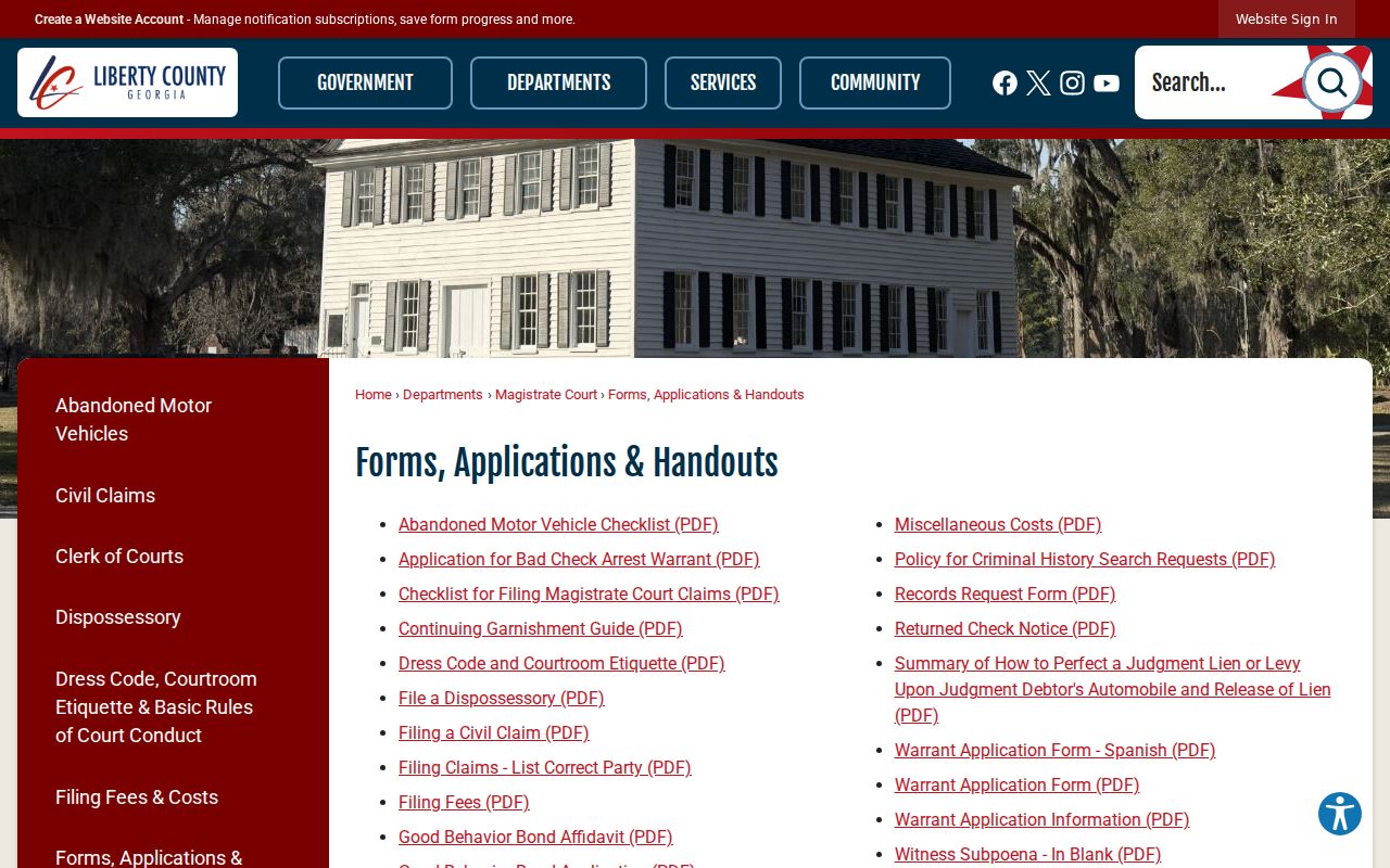 Liberty County Magistrate Court forms directory with warrant application materials
