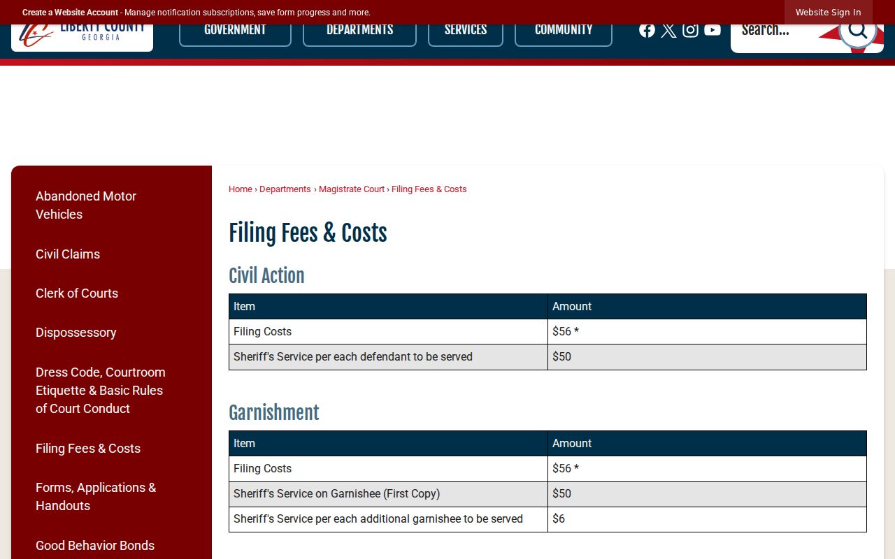Liberty County official warrant application and service fee schedule