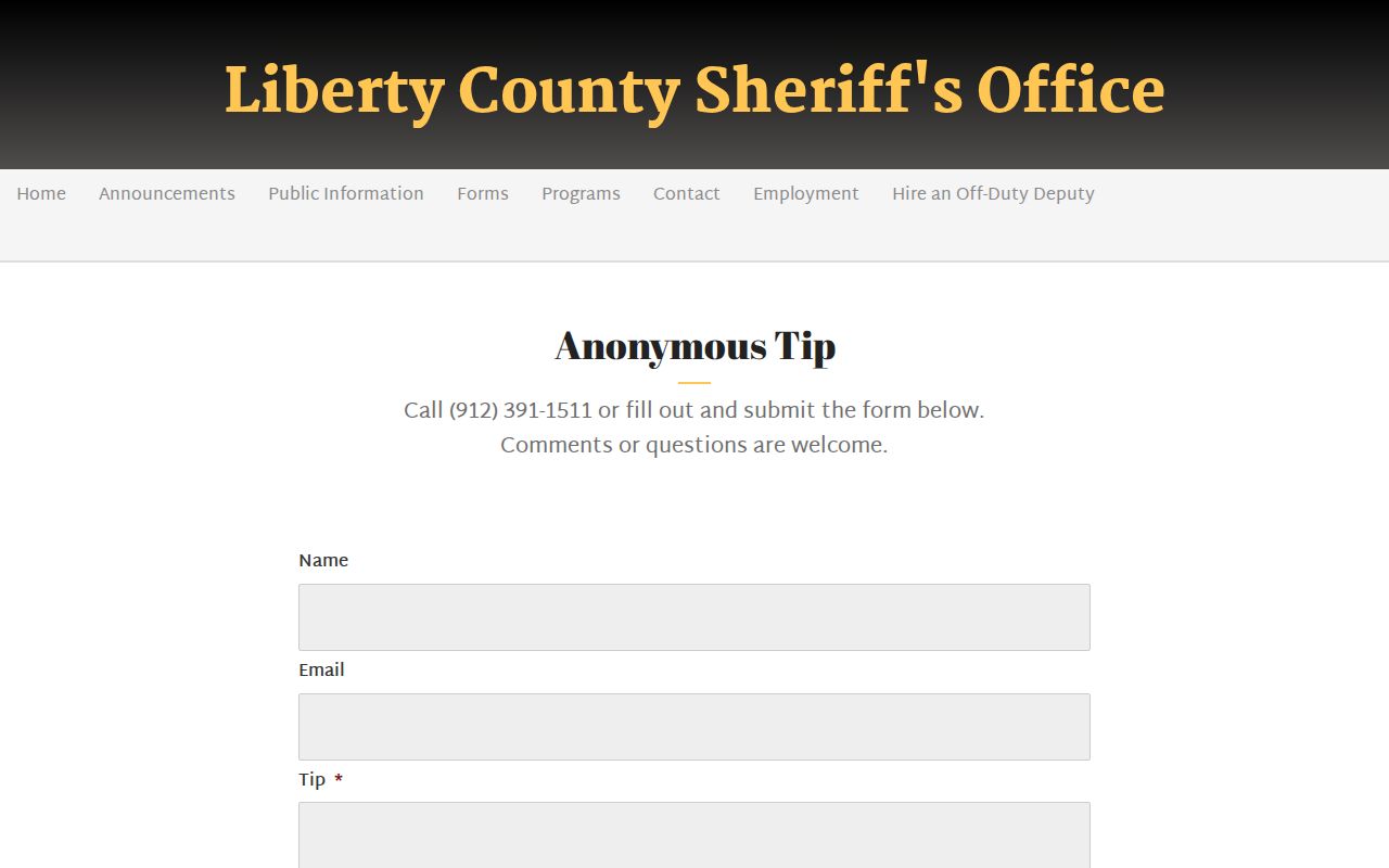 Liberty County Sheriff anonymous tip form without private submission data