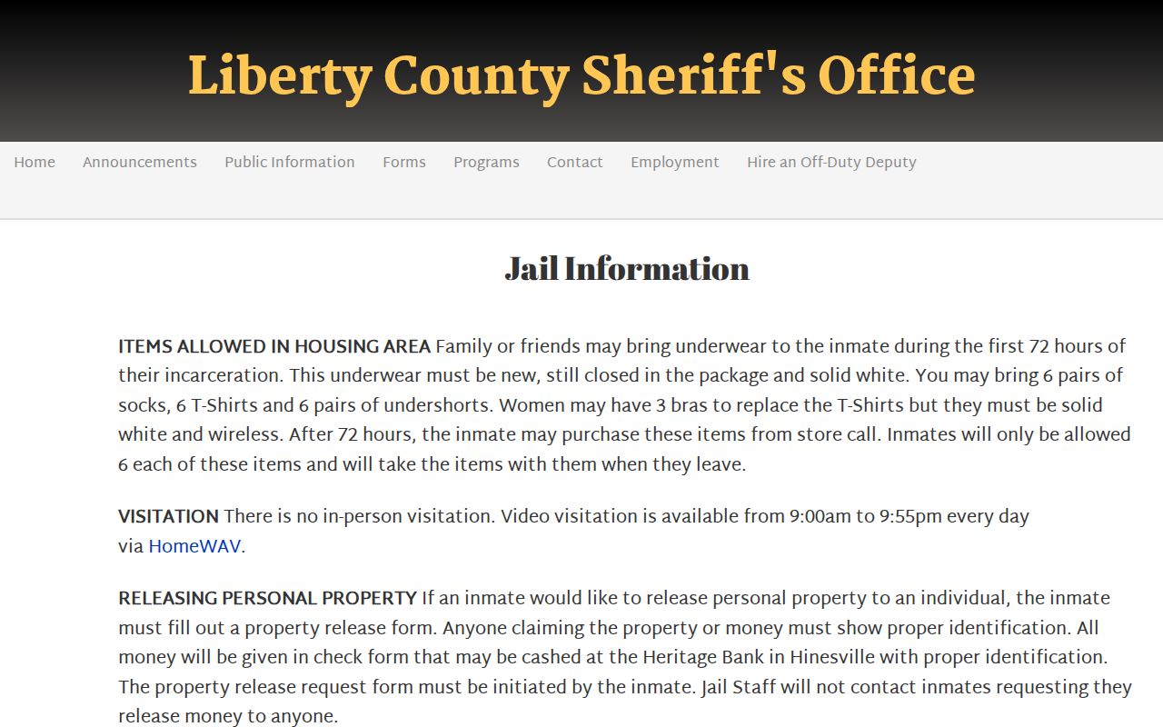 Liberty County Sheriff jail information page with booking and bond contacts