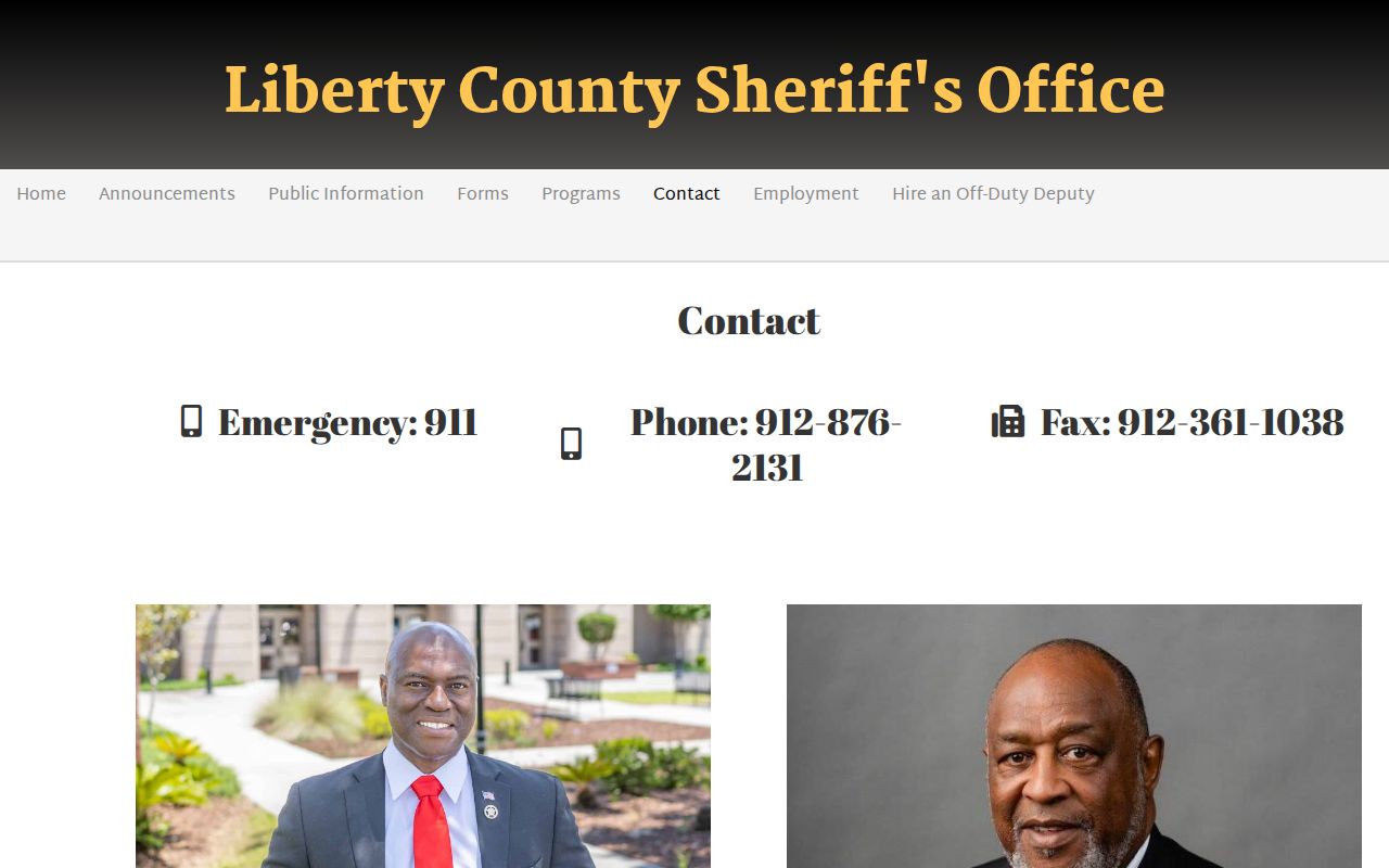 Liberty County Sheriff contact page showing the warrant and GCIC telephone route