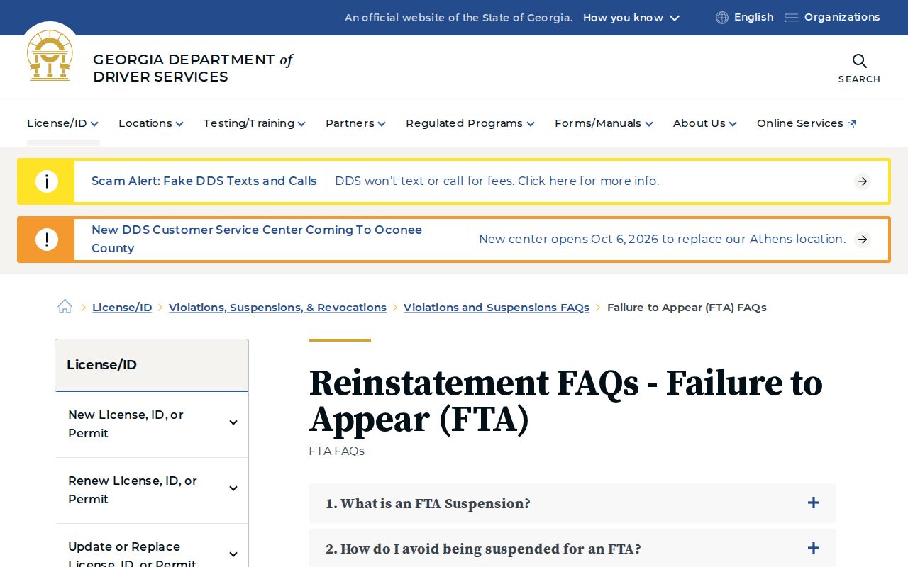 Georgia DDS failure-to-appear suspension and reinstatement guidance