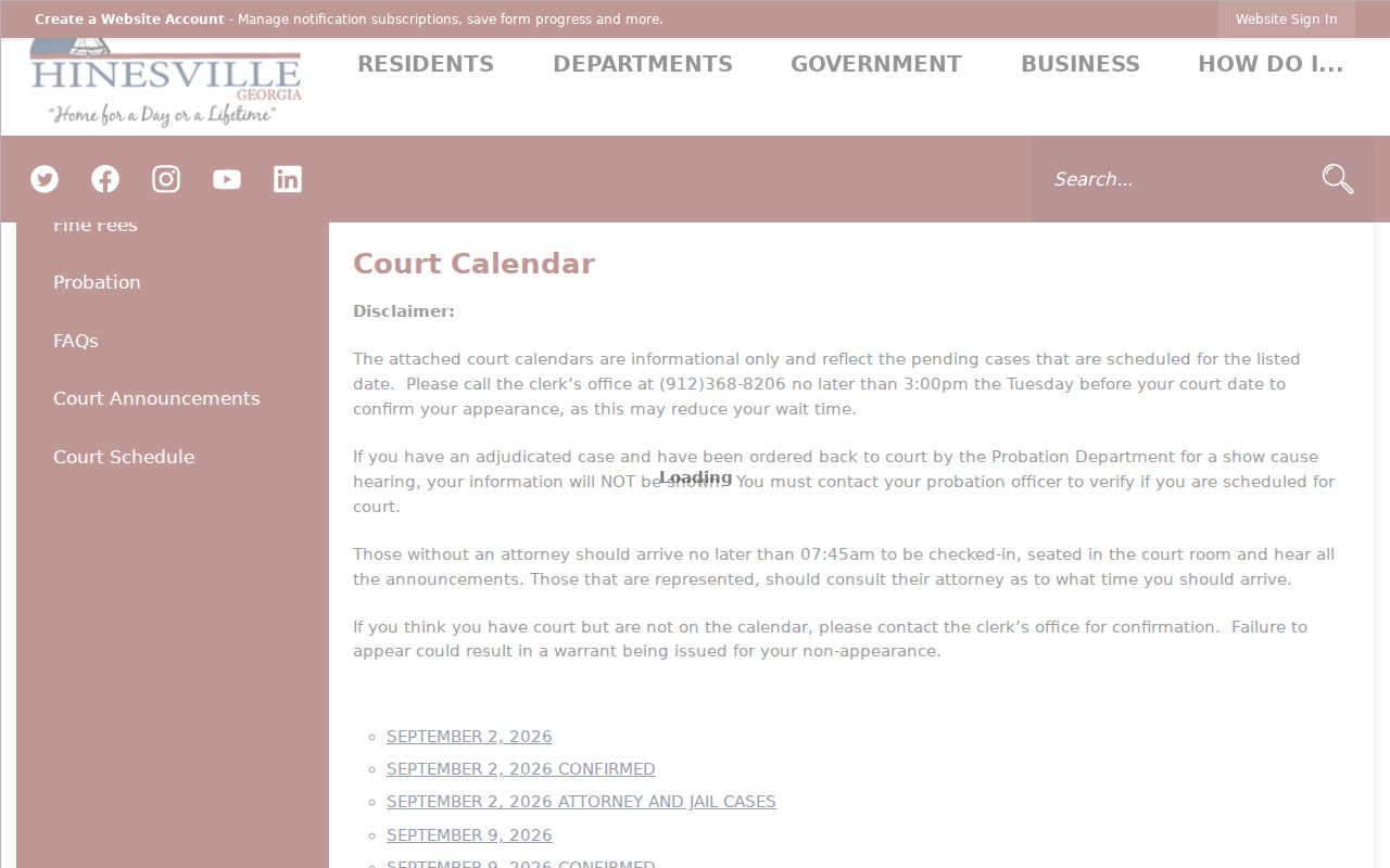 Official Hinesville Municipal Court calendar