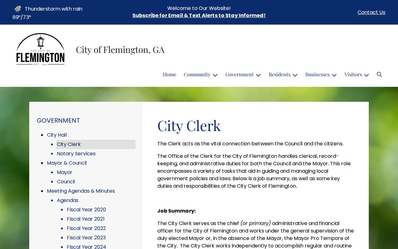 Official Flemington City Clerk page showing City Hall contact information for warrant record routing