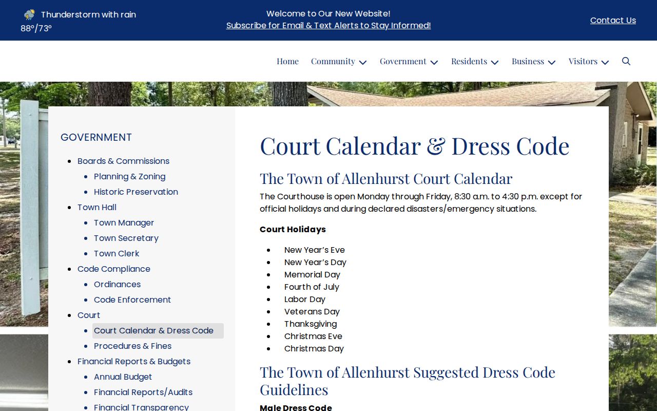 Allenhurst court calendar and dress code page with courthouse hours and appearance rules